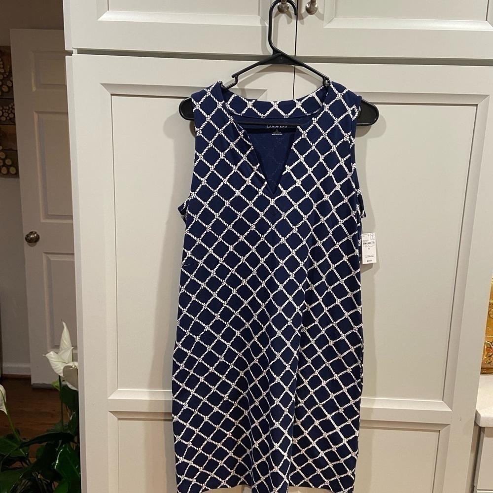 LANDS’END  NWT cotton knit swing dress with pockets Small Navy and White